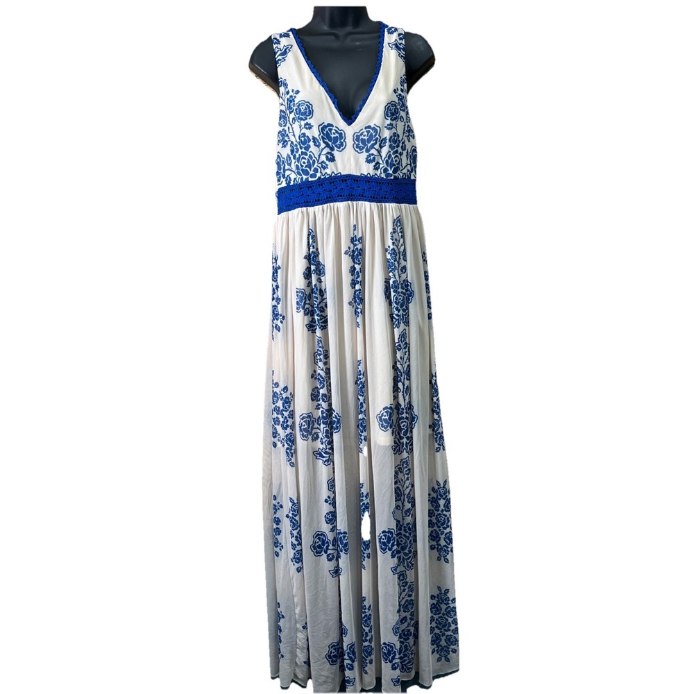 Altar'd State Maxi‎ Dress Womens L Ivory Blue Floral Mesh Crochet Boho Romantic